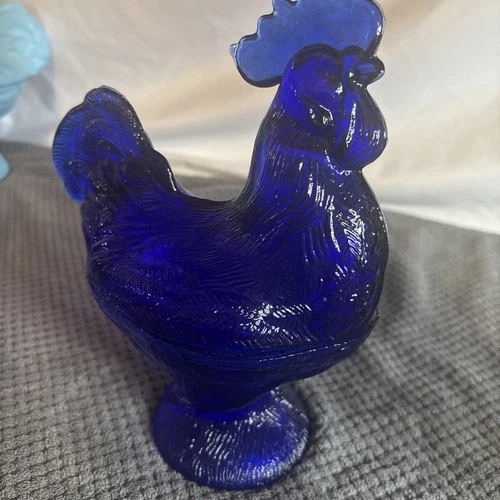 Cobalt Blue Glass Depression Style Rooster Chicken Candy Dish, Hen on Nest, Read