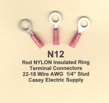50 Red NYLON Insulated RING Terminal Connectors 22-18 Wire AWG 1/4" Stud MOLEX