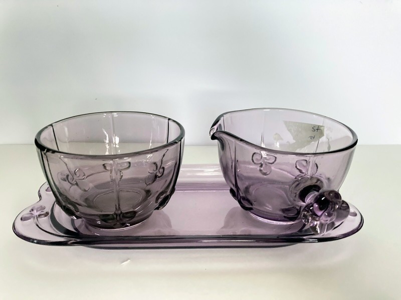 MCM Vintage Czech Lilac Glass Sugar Creamer With Tray Clover Pattern