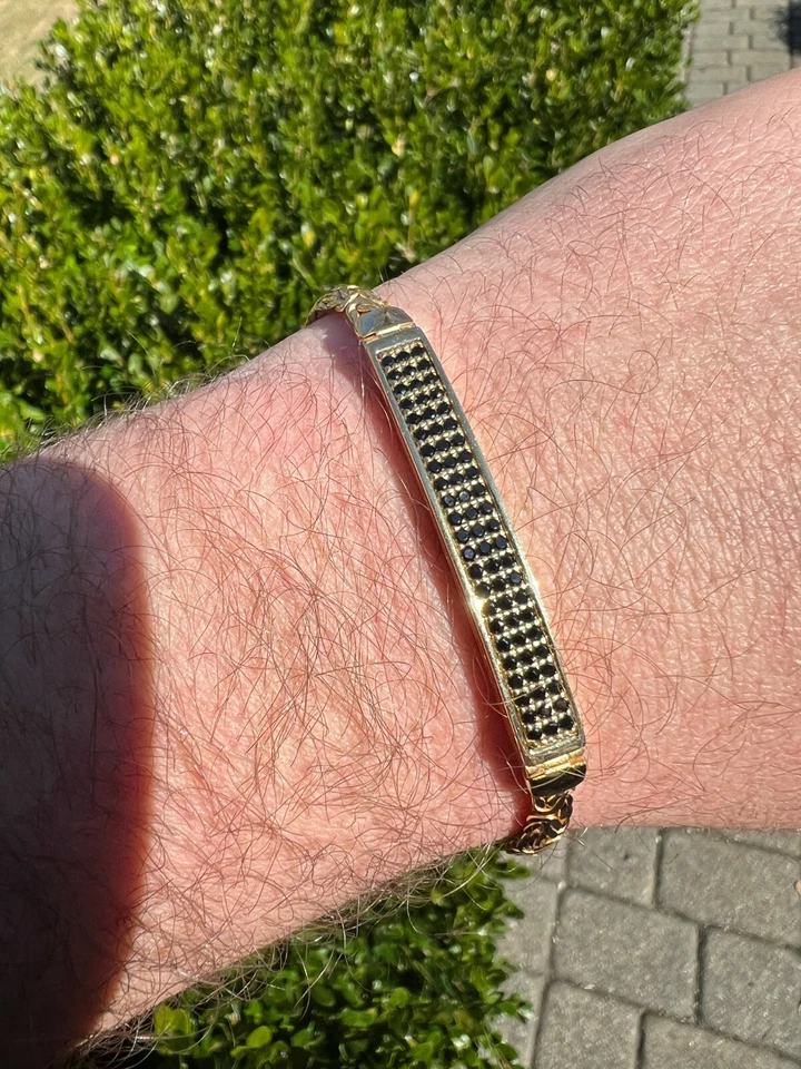 Men Presidential ID Bracelet 14k Gold Plated Silver Iced Black CZ Hip Hop - Image 2 of 4