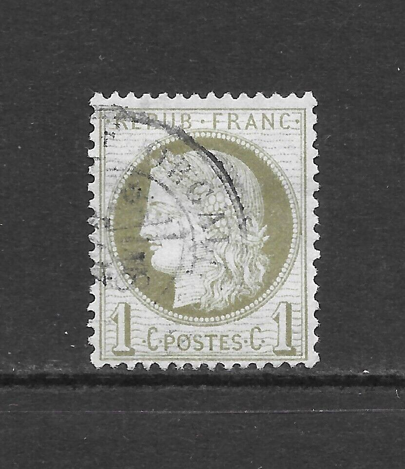 FRANCE SCOTT 50 USED FINE - 1870 1c OL GRN/PL BLUE ISSUE - CERES