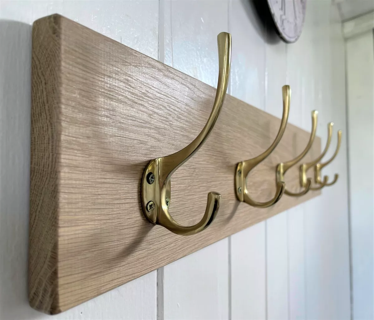 Vintage Style Wooden Oak Coat Rack Modern Brass Hooks