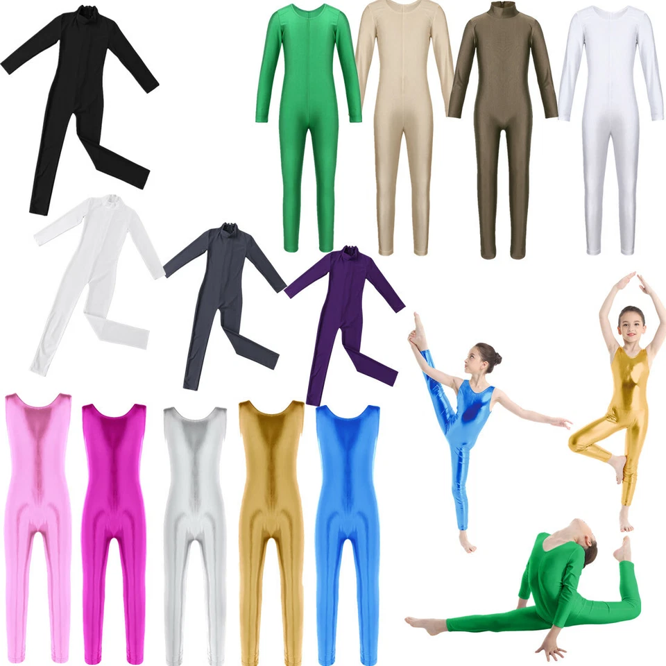 Girls Metallic Full Length Bodysuit Catsuit Ballet Gym Leotard Unitard Dancewear - Image 2 of 4