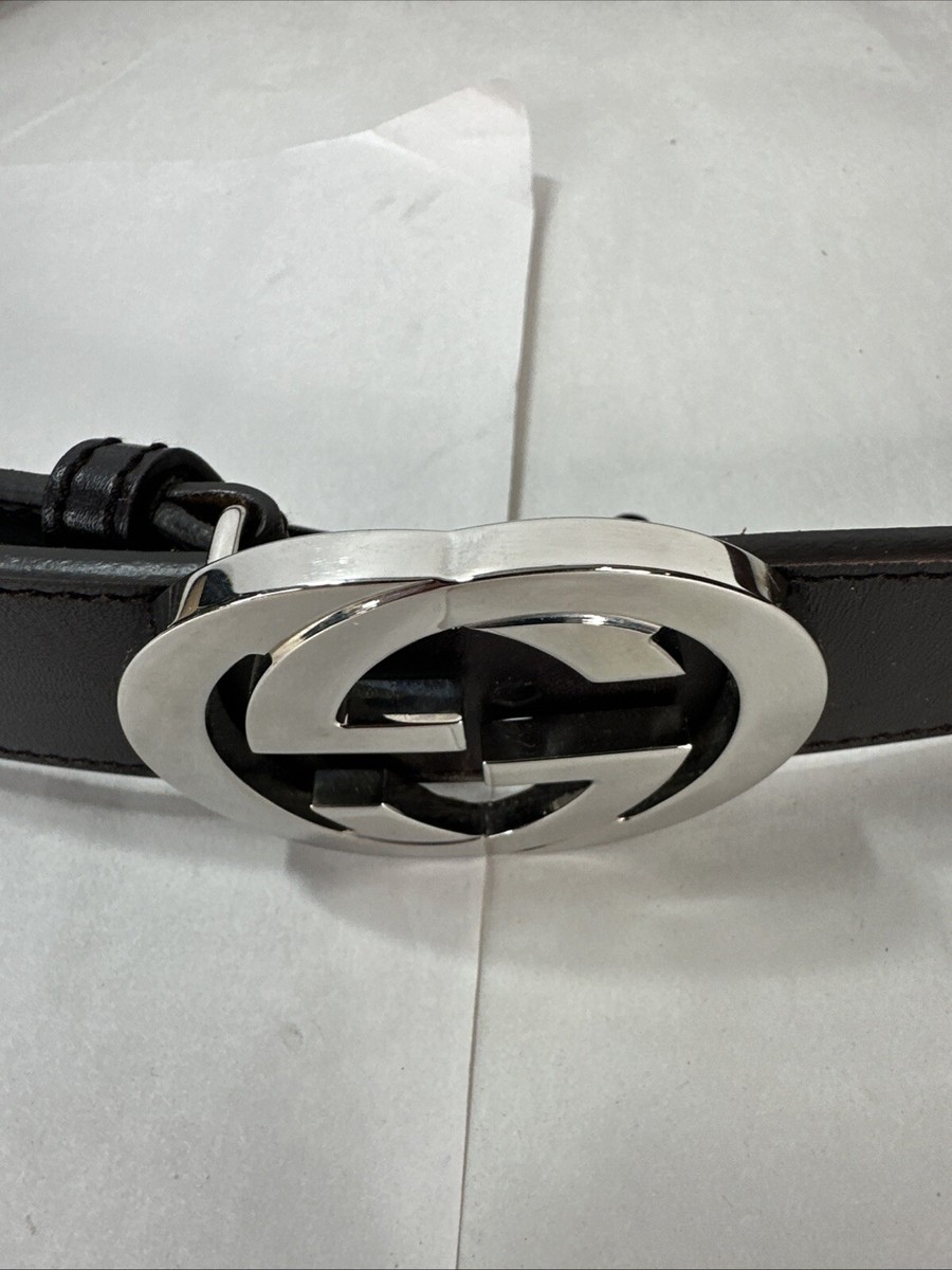 Gucci Silver Interlocking Metal GG Buckle Brown Leather Belt