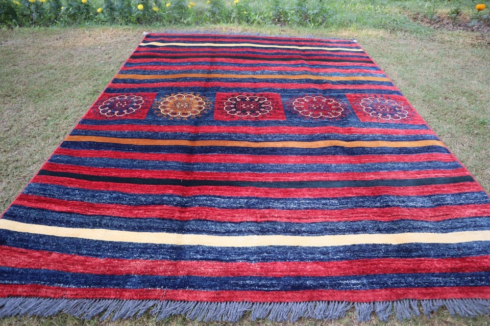 Alfombra de área moderna afgana de 4'8x6'6 pies alfombra de diseño a rayas hecha a mano, alfombra azul granate Foto 3 de 4
