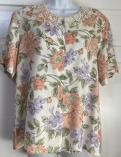 VINTAGE WOMEN'S SOUTHERN LADY FLORAL SHORT SLEEVE BLOUSE W/ LACE COLLAR LARGE