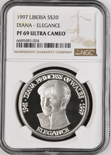 1997 LIBERIA SILVER 20 DOLLARS DIANA - ELEGANCE - NGC PF 69 ULTRA CAMEO