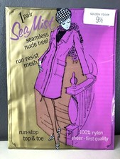 NEW VTG 60'S MOD SEA MIST SEAMLESS MESH THIGH HIGH STOCKING TAN GOLDEN PENNY 9.5