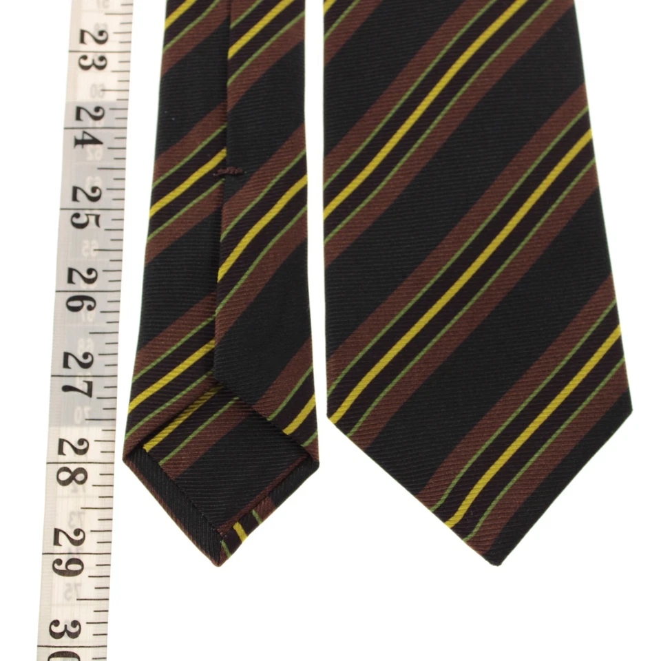 Kiton 全新无标签 100% 真丝七折领带黑色带棕色/黄色/绿色条纹 — 第 4/4 张图片