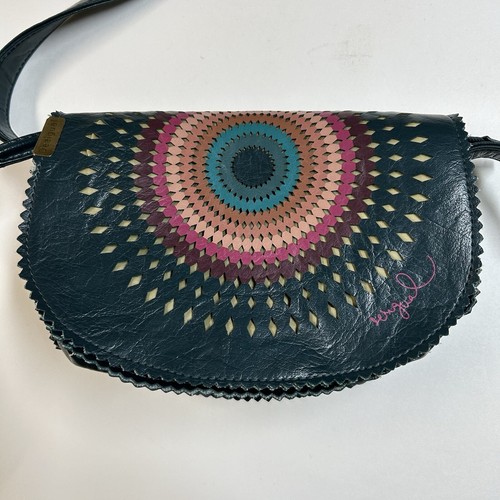 Desigual Teal Crossbody Shoulder Handbag Color Burst Cut Outs Small Saddlebag - Picture 6 of 14