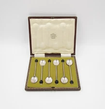 SET OF 6 CASED ANTIQUE SOLID SILVER COFFEE SPOONS - COOPER BROTHERS & SONS 1902