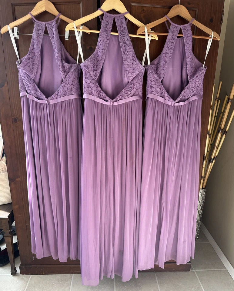 Set of 3 David’s bridal bridesmaids long lace top dresses Wisteria Slit Read - Image 3 of 4