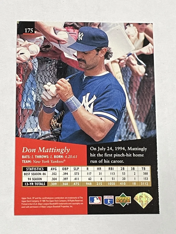1995 SP Baseball #175 - Don Mattingly - New York Yankees - Image 2 of 2