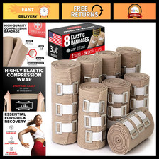 Elastic Bandage Wrap 8 Pack 4x3", 4x4" 24 Clips - Strong Compression for Wri