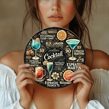 Vintage Cocktail Metal Wall Decor - 8-Inch Round Aluminum Plate with Espresso Ma