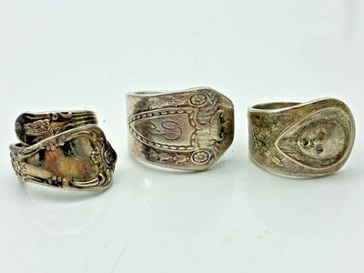 Vintage Spoon Rings Lot of 3 Silver Plated Wm A Rogers Floral Shield and Baby