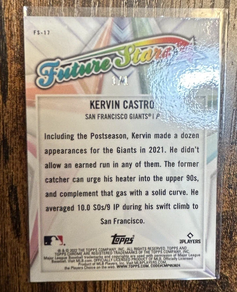 2022 Topps Chrome Logofractor Kervin Castro 1/1 Future Stars Rose Gold RC #FS-17 - Image 2 of 4