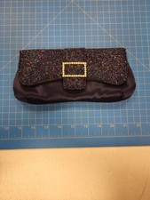 Bijoux Terner Black Beaded Evening Clutch Bag Rhinestone Buckle Satin Purse