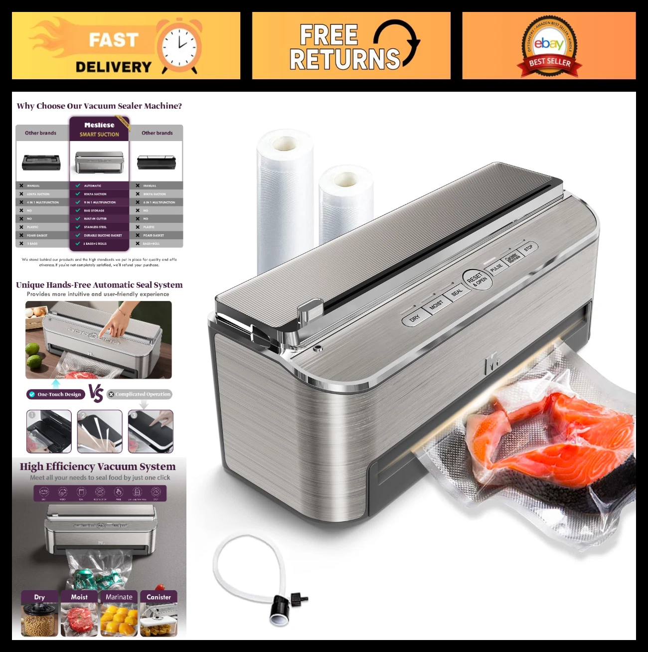 Automatic Food Vacuum Sealer Machine, 85kPa, 120W, Moist Mode, Built-in Cutter,