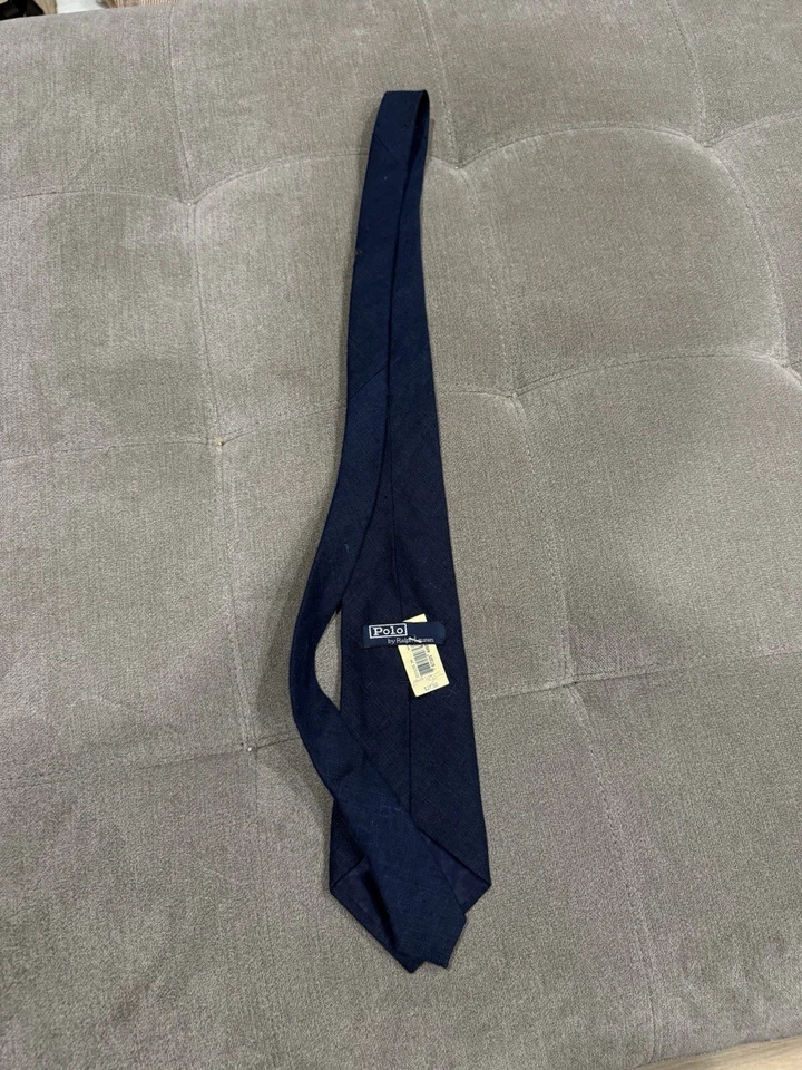 Corbata de Colección Polo Ralph Lauren Azul Oscuro Sólido 100% Lino Hecha en EE. UU. a Mano Foto 2 de 4