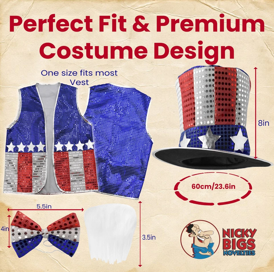Conjunto de Disfraz de Tío Sam Adulto Sombrero Chaleco Pajarita Barba Patriótico 4 de Julio Foto 3 de 4