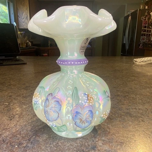 Fenton Sea Mist Green Iridized Pansies Vase Signed C. Griffiths Frank M Fenton