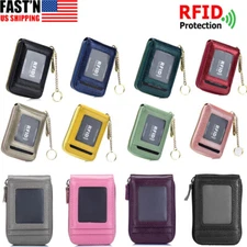 Unisex Leather Credit Card Holder RFID-Blocking Zip Pocket Wallet with ID Window