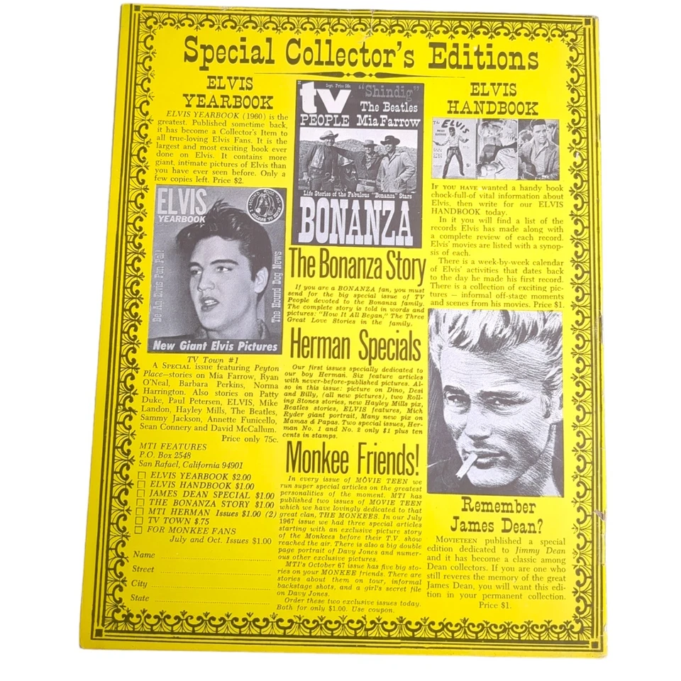 Movie Teen Illustrated April 1968 MONKEES SPECIAL, THE DOORS,  ELIVIS PRESLEY Foto 2 de 4