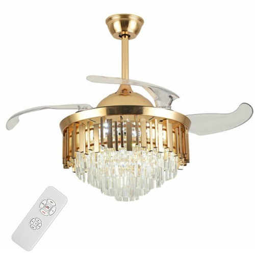 Modern Luxury Crystal LED Chandelier Ceiling Fan 4 Retractable Blades 56W 42Inch
