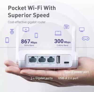 GL.iNet GL-SFT1200 (Opal) Secure Travel WiFi Router AC1200 Dual Band Gigabit ...