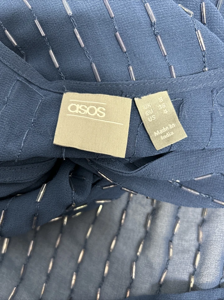 Vestido túnica de manga corta con cuentas transparentes azul cuello en V torcido delantero 4 de Asos Foto 3 de 4