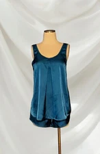 EKOUAER Green Satin Pajamas 2 Pc Set Sleeveless Top Bottoms Shorts Women's Small