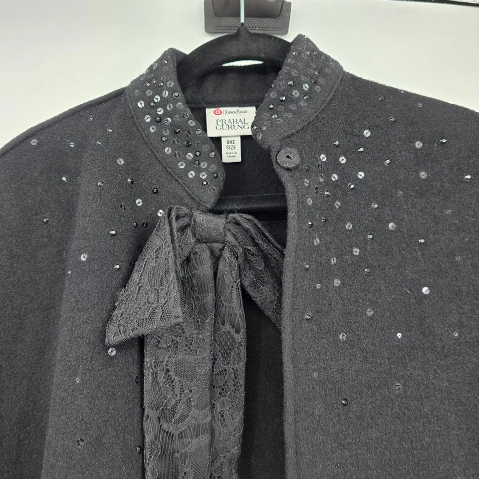 Neiman Marcus Prabal Gurung Women's Wool Blend Cape Shawl Bow Sequins Black OS - Image 4 of 4