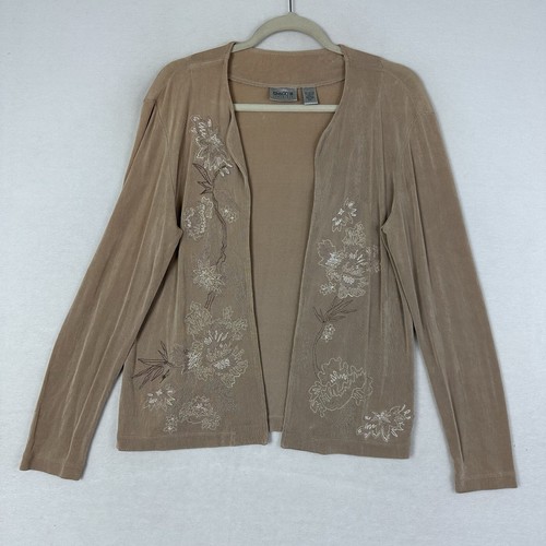 Chico's Travelers Strickjacke taupe Slinky Strick vorne offen bestickt Gr. 1 - Bild 1 von 11