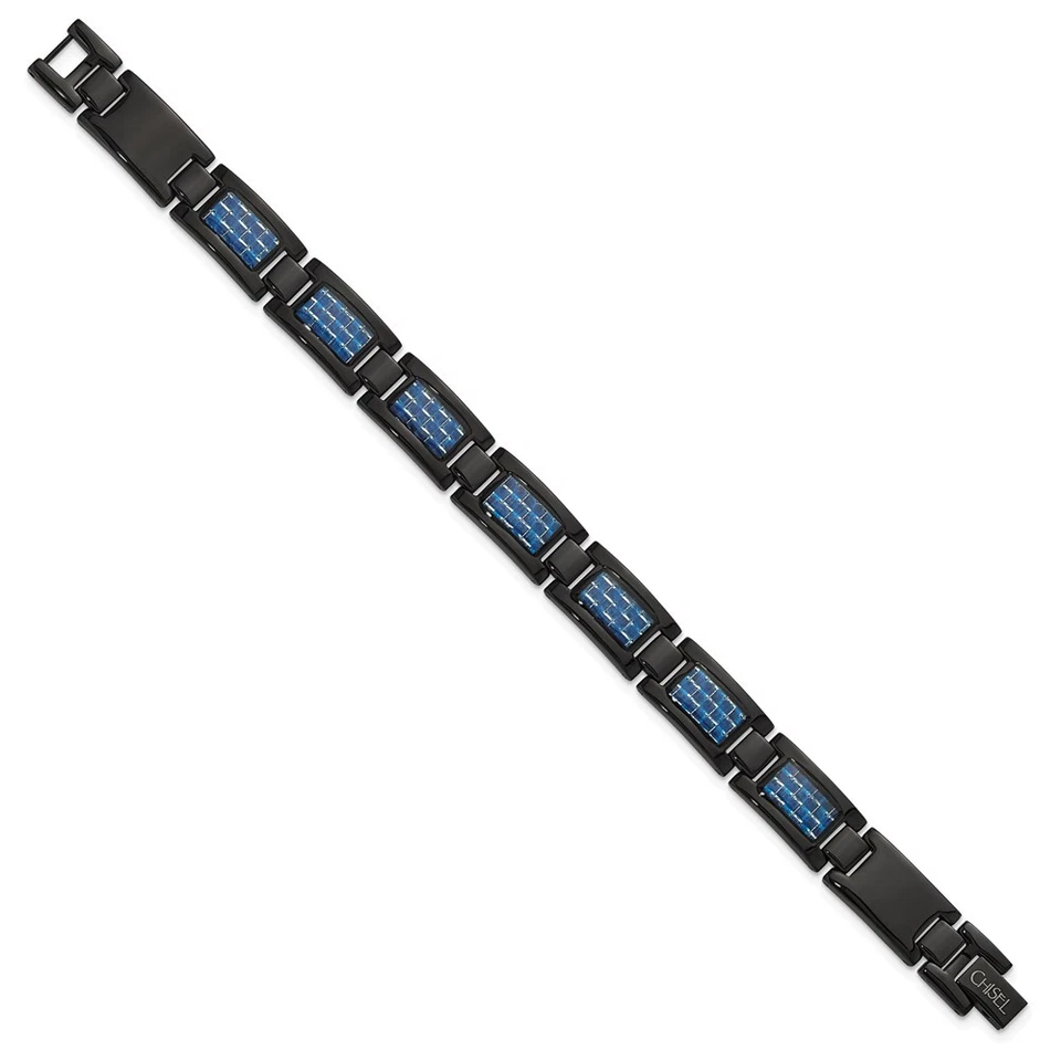 Mens 8.25" Stainless Steel Black Plated w/ Blue Carbon Fiber Inlay Bracelet - Image 3 of 4
