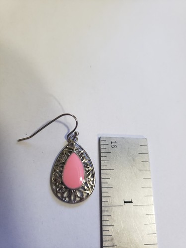 LIA SOPHIA SILVER TONE DANGLE EARRINGS W/ PINK ENAMEL - Picture 3 of 3
