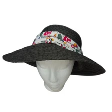 Marcus Adler Black 100% Paper Straw Floppy Hat Floral Scarf Band Wide Brim