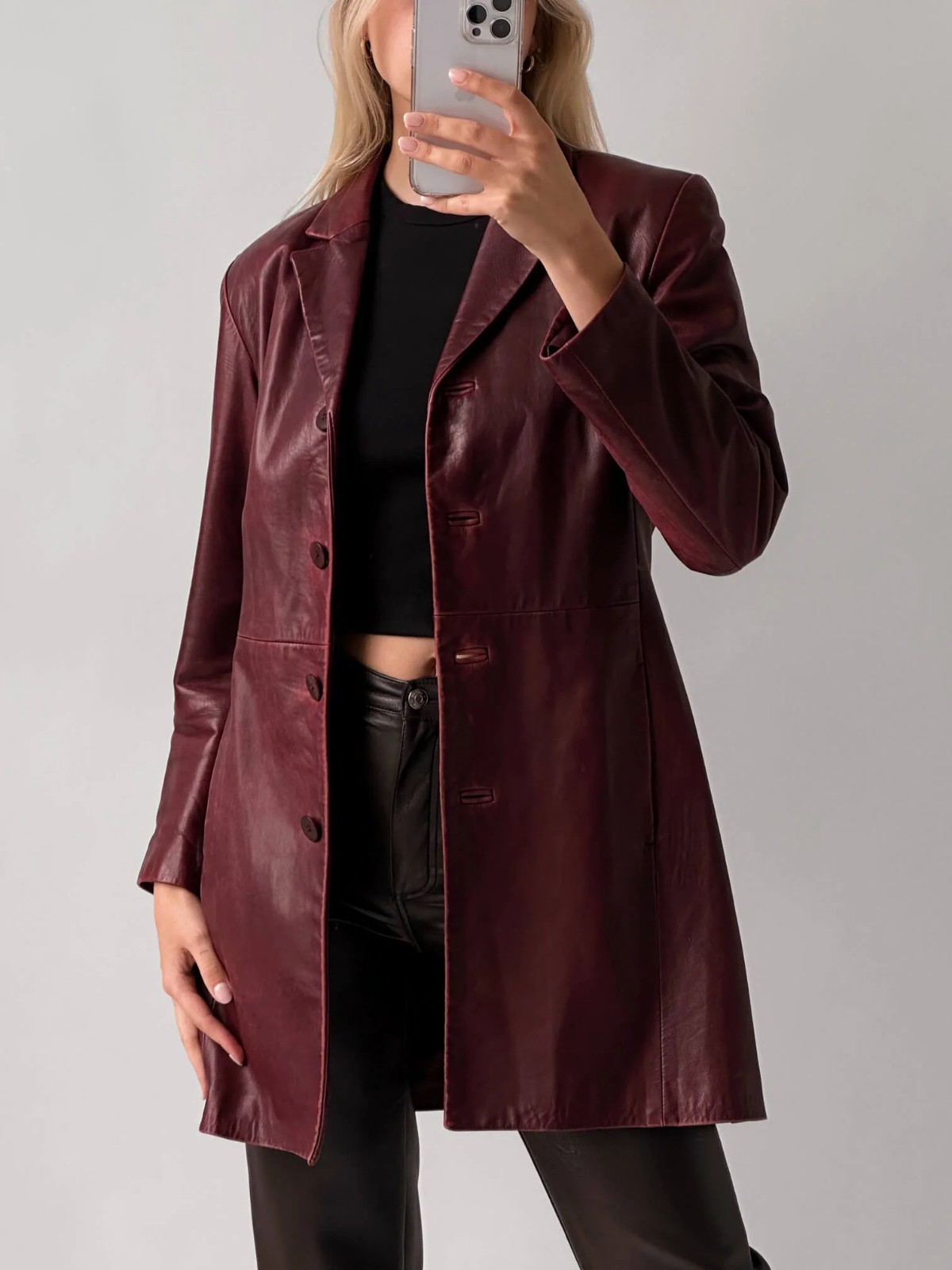 Women's Premium Burgundy Genuine Leather Blazer Casual Fashion Outfit XS to 2XL