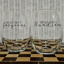 Stemless Wine Glasses - Bride & Groom Wedding Set Glassware - Handsome~Gorgeous