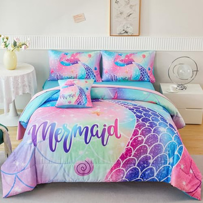 Mermaid Twin Girls Bedding Set, Colorful Rainbow Kids Girls Comforter Set 