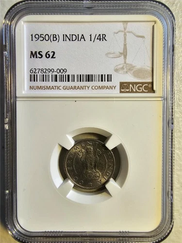 India 1/4 Rupee 1950B NGC MS 62