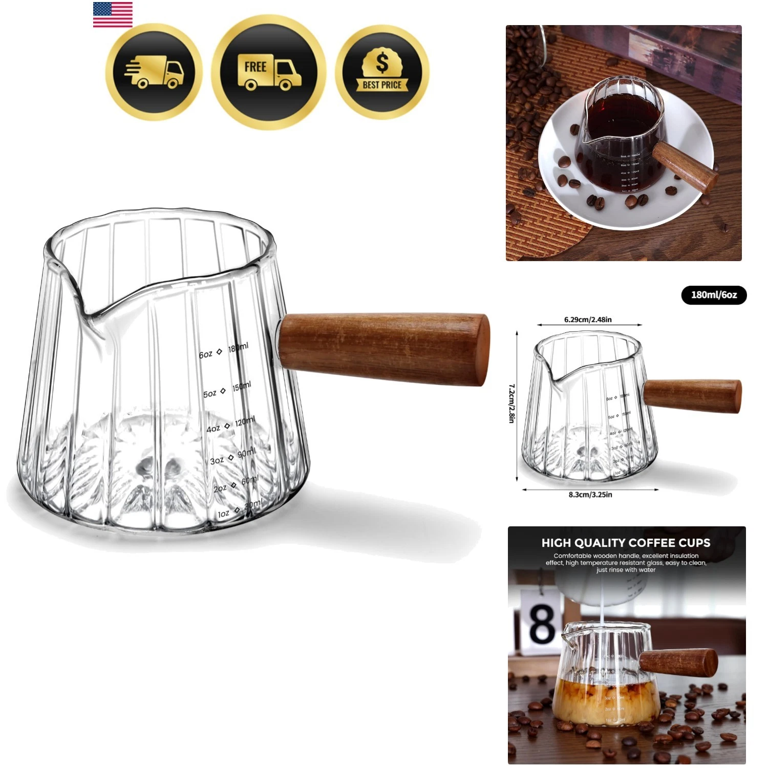 Espresso Measuring Cup 6 Oz, Espresso Glass Cups with Wood Handle, Milk Froth...