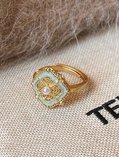 Vintage French Elegant Luxury Copper Faux Pearl Enamel Hollow Design Open Ring