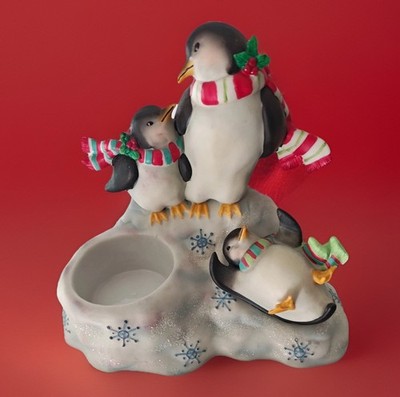 PartyLite Slip Slidin' Penguins By Susan Winget Tealight Candle Holder SUPER!