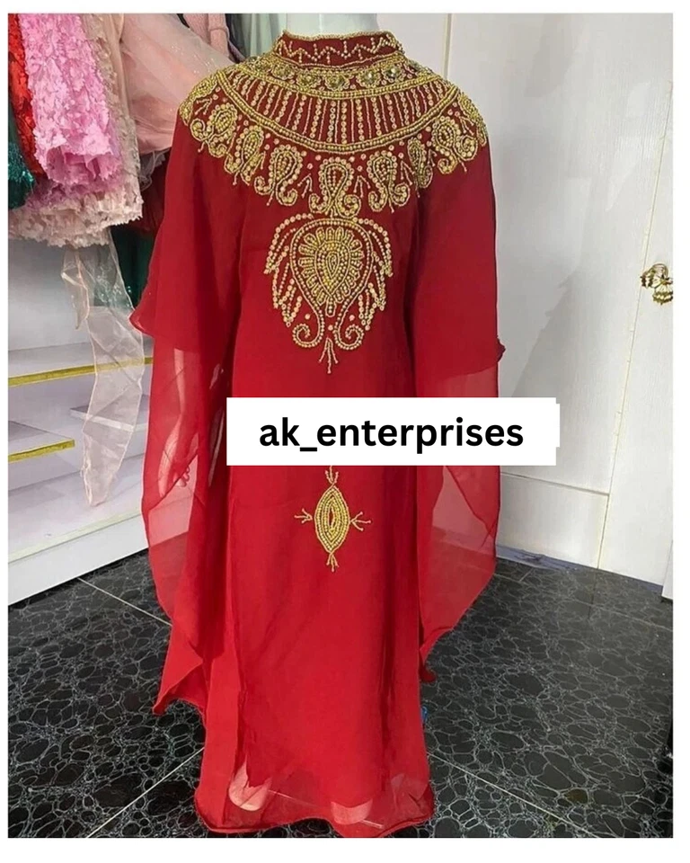 Vestido Kaftan Rojo Marroquí Especial Georgette Boda Fiesta Niño Ramadán Dubai Niña Foto 2 de 3