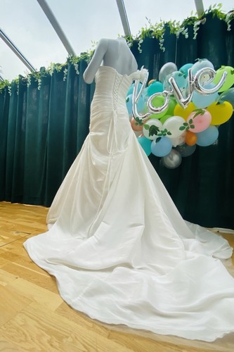 Wedding Gown Ivory Floral Asymmetric Corsage Sleeve with Chapel train, Size 8 UK - Picture 18 of 20