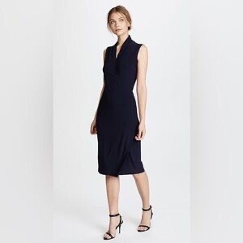 Norma Kamali Dress Sleeveless Navy Faux-Wrap Knee Length Elegant Travel Sz M