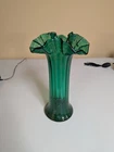 1940s Beacon Glass Green Ruffled Rim Ribbed Hand Blown Vase 12-1/2" Blenko