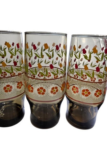 3 Vintage MCM Retro Libbey Amber Footed Floral Tulips Juice Beautiful Glasses - Picture 10 of 24