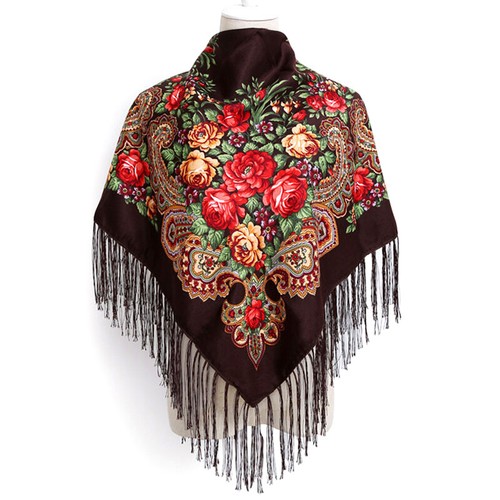 Floral Printed Womens Tassel Shawl Russian Scarf Long Tassel Square Scarf 110cm- - Picture 28 of 30
